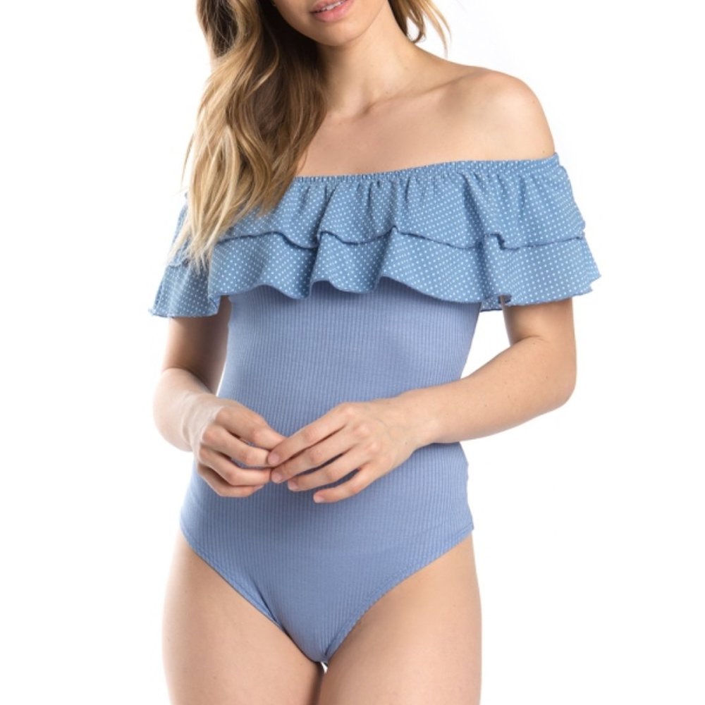 Ruffled Off Shoulder Dotted Detail Bodysuit.